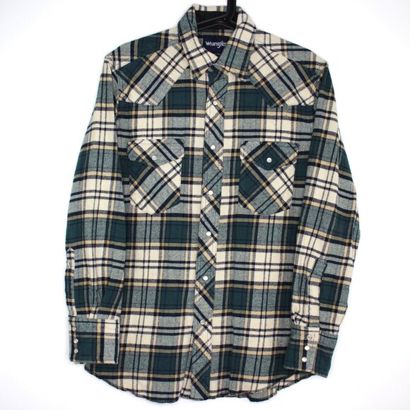 Wrangler Mens Medium Western Pearl Snap Plaid Button Up Flannel Shirt C1095 - Picture 1 of 5